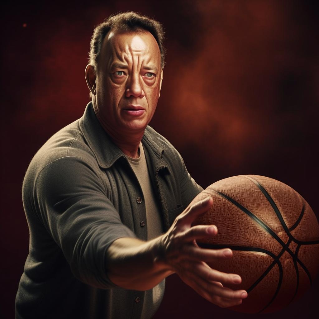 Tom Hanks, the beloved actor, brilliantly handling the basketball, ready to make a spectacular shot