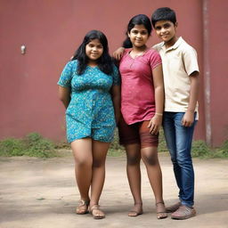 A trio of Indian friends comprising a short, light-skinned girl and two boys of the same height - one slender and darker skinned, the other chubby with light brown skin. Exuding strong friendship.