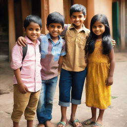 A trio of Indian friends comprising a short, light-skinned girl and two boys of the same height - one slender and darker skinned, the other chubby with light brown skin. Exuding strong friendship.