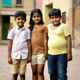 A trio of Indian friends comprising a short, light-skinned girl and two boys of the same height - one slender and darker skinned, the other chubby with light brown skin. Exuding strong friendship.