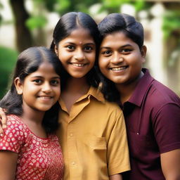 A trio of Indian friends comprising a short, light-skinned girl and two boys of the same height - one slender and darker skinned, the other chubby with light brown skin. Exuding strong friendship.