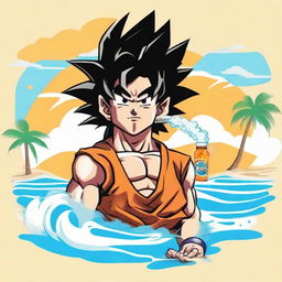 A vibrant logo depicting the character Goku from Dragon Ball Z holding a vape device, situated on a beach with white sands, sea waves in the background, and palm trees on either side.