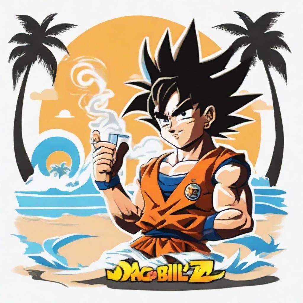 A vibrant logo depicting the character Goku from Dragon Ball Z holding a vape device, situated on a beach with white sands, sea waves in the background, and palm trees on either side.