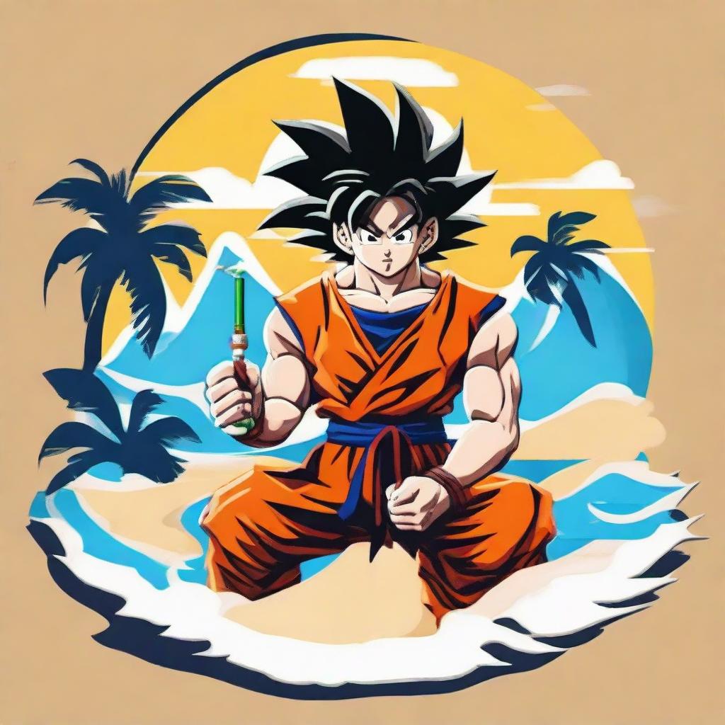 A vibrant logo depicting the character Goku from Dragon Ball Z holding a vape device, situated on a beach with white sands, sea waves in the background, and palm trees on either side.