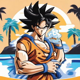 A vibrant logo depicting the character Goku from Dragon Ball Z holding a vape device, situated on a beach with white sands, sea waves in the background, and palm trees on either side.