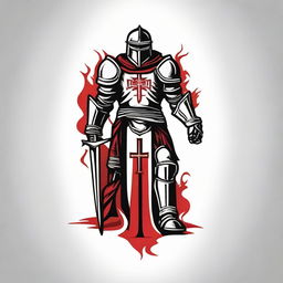 Logo of a crusader in armor with flames in the colors red, white, and black.