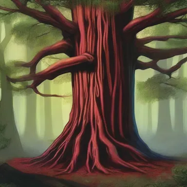 In the novel, the protagonist discovers an ancient bloodwood tree deep within the enchanted forest.