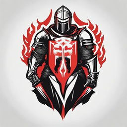 Logo of a crusader in armor with flames in the colors red, white, and black.