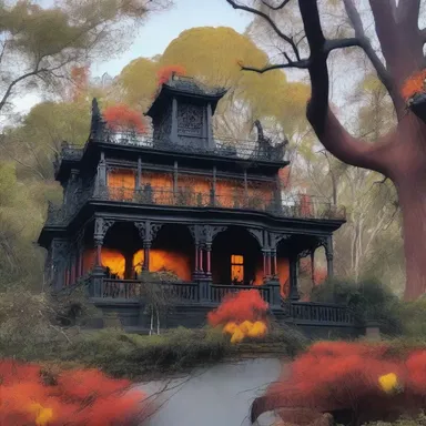 The eerie atmosphere was intensified as the haunted mansion was surrounded by bloodwood trees with their twisted branches and glowing orange-yellow flowers.