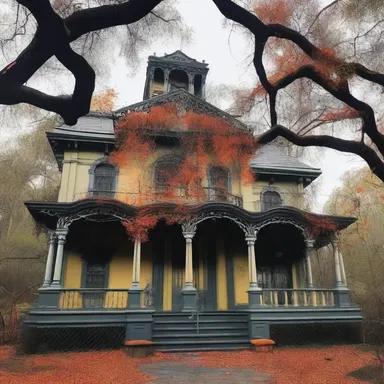 The eerie atmosphere was intensified as the haunted mansion was surrounded by bloodwood trees with their twisted branches and glowing orange-yellow flowers.