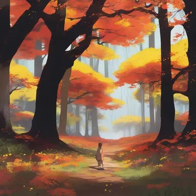 As the protagonist entered the magical forest, the bloodwood trees illuminated the scene with their vibrant orange-yellow flowers, creating a breathtaking anime moment.