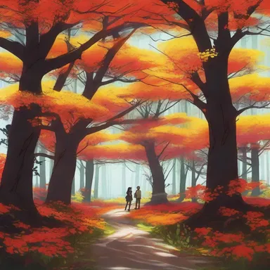 As the protagonist entered the magical forest, the bloodwood trees illuminated the scene with their vibrant orange-yellow flowers, creating a breathtaking anime moment.