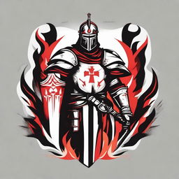 Logo of a crusader in armor with flames in the colors red, white, and black.