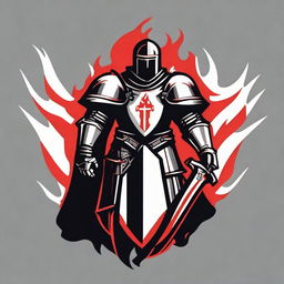 Logo of a crusader in armor with flames in the colors red, white, and black.