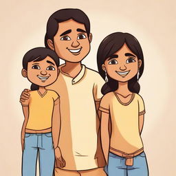 A cartoon style drawing of three Indian friends. A short, light-skinned girl is accompanied by two boys of similar height, one being trim and darker skinned, while the other is chubby with light brown skin.