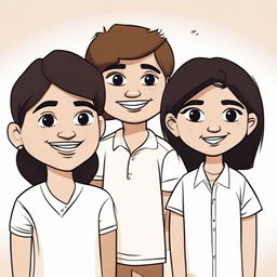 A cartoon style drawing of three Indian friends. A short, light-skinned girl is accompanied by two boys of similar height, one being trim and darker skinned, while the other is chubby with light brown skin.