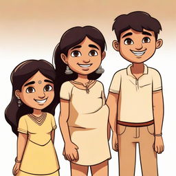 A cartoon style drawing of three Indian friends. A short, light-skinned girl is accompanied by two boys of similar height, one being trim and darker skinned, while the other is chubby with light brown skin.