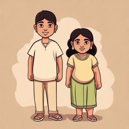 A cartoon style drawing of three Indian friends. A short, light-skinned girl is accompanied by two boys of similar height, one being trim and darker skinned, while the other is chubby with light brown skin.