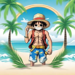 A vibrant logo featuring Gear 5 Luffy from One Piece holding a sleek vape device, standing on pristine white sands, with sea waves in the background and framed between two lush palm trees.