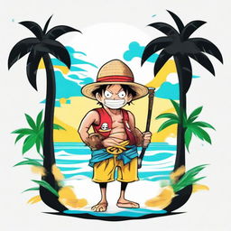 A vibrant logo featuring Gear 5 Luffy from One Piece holding a sleek vape device, standing on pristine white sands, with sea waves in the background and framed between two lush palm trees.