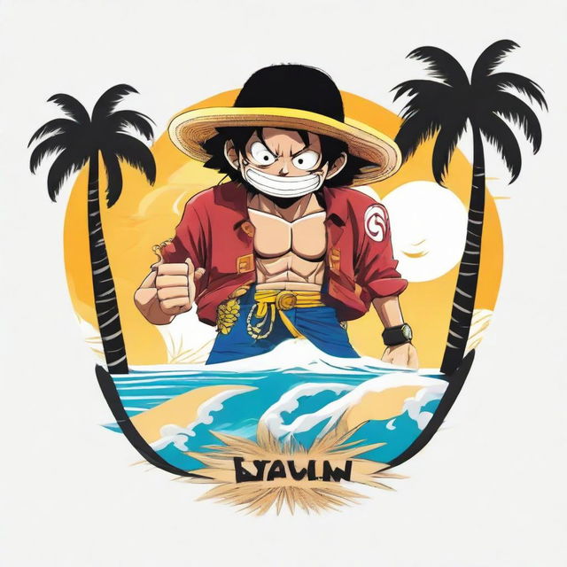 A vibrant logo featuring Gear 5 Luffy from One Piece holding a sleek vape device, standing on pristine white sands, with sea waves in the background and framed between two lush palm trees.