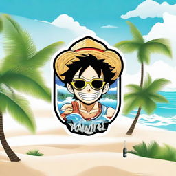 A vibrant logo featuring Gear 5 Luffy from One Piece holding a sleek vape device, standing on pristine white sands, with sea waves in the background and framed between two lush palm trees.