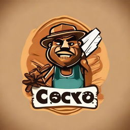 A humorous logo for a DIY woodworking business called 'COCO' incorporating woodworking tools, wood grains, and playful caricature-style graphics.