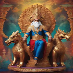 Indian King Ravana majestically seated on an ethereal chariot drawn by mythical dragons in a mystical, vibrant background.