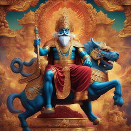 Indian King Ravana majestically seated on an ethereal chariot drawn by mythical dragons in a mystical, vibrant background.