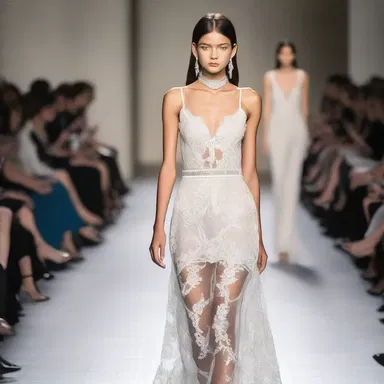The designer's latest collection showcased the juxtaposition of unhewn stone details with delicate lace, creating an edgy yet elegant look.
