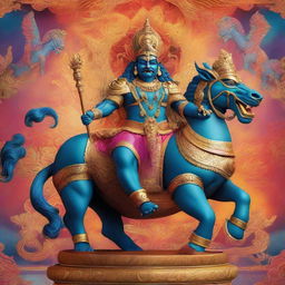 Indian King Ravana majestically seated on an ethereal chariot drawn by mythical dragons in a mystical, vibrant background.