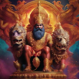 Indian King Ravana majestically seated on an ethereal chariot drawn by mythical dragons in a mystical, vibrant background.