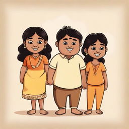 A cartoon depiction of three Indian friends. A petite, light-skinned girl, two boys of equal height, one slim with darker skin, the other chubby and light brown. Framed together in a sense of profound friendship.