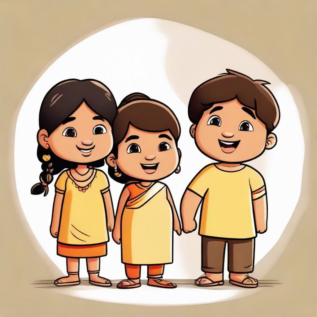 A cartoon depiction of three Indian friends. A petite, light-skinned girl, two boys of equal height, one slim with darker skin, the other chubby and light brown. Framed together in a sense of profound friendship.