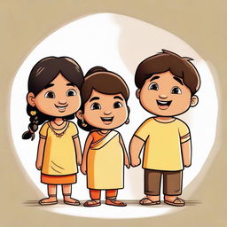 A cartoon depiction of three Indian friends. A petite, light-skinned girl, two boys of equal height, one slim with darker skin, the other chubby and light brown. Framed together in a sense of profound friendship.