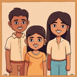 A cartoon depiction of three Indian friends. A petite, light-skinned girl, two boys of equal height, one slim with darker skin, the other chubby and light brown. Framed together in a sense of profound friendship.