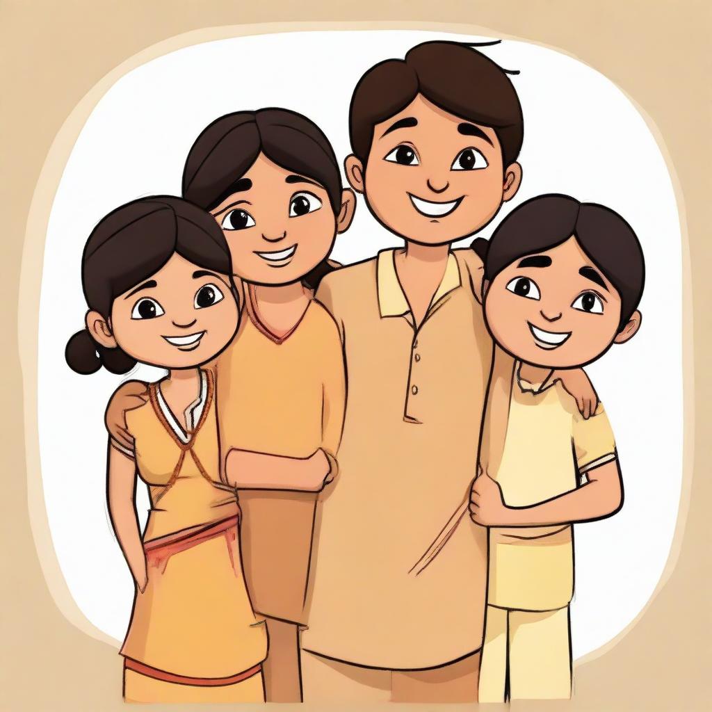 A cartoon depiction of three Indian friends. A petite, light-skinned girl, two boys of equal height, one slim with darker skin, the other chubby and light brown. Framed together in a sense of profound friendship.