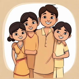 A cartoon depiction of three Indian friends. A petite, light-skinned girl, two boys of equal height, one slim with darker skin, the other chubby and light brown. Framed together in a sense of profound friendship.