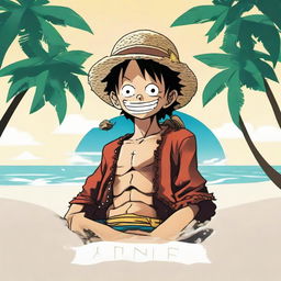 A vibrant logo featuring Gear 5 Luffy from One Piece smoking in a serene setting of white sands, gently crashing sea waves in the background, surrounded by lush palm trees.