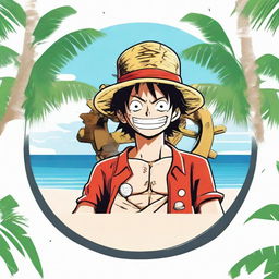 A vibrant logo featuring Gear 5 Luffy from One Piece smoking in a serene setting of white sands, gently crashing sea waves in the background, surrounded by lush palm trees.