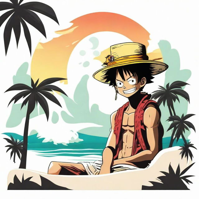 A vibrant logo featuring Gear 5 Luffy from One Piece smoking in a serene setting of white sands, gently crashing sea waves in the background, surrounded by lush palm trees.