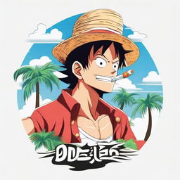 A vibrant logo featuring Gear 5 Luffy from One Piece smoking in a serene setting of white sands, gently crashing sea waves in the background, surrounded by lush palm trees.