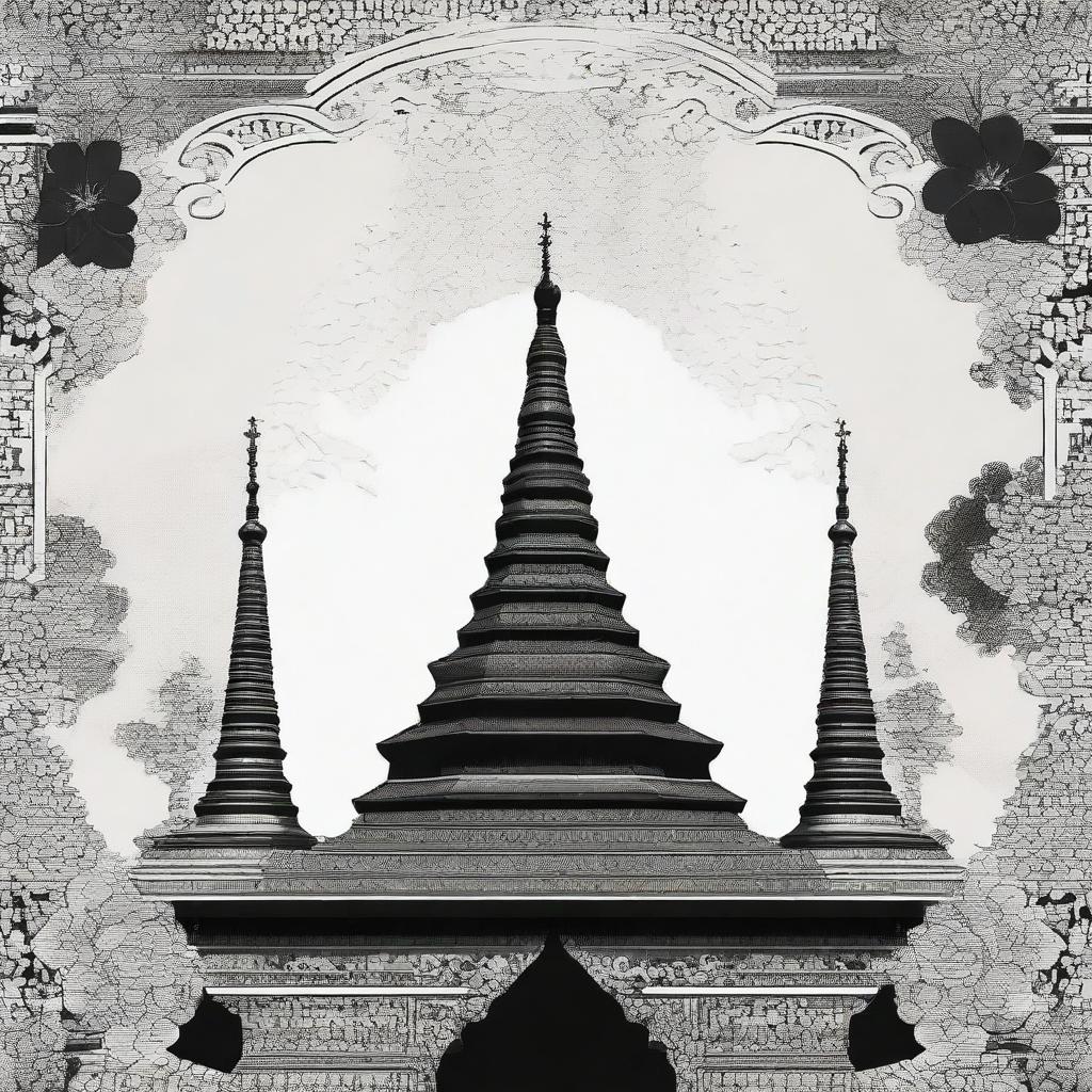 Intricate floral patterns converging to form the silhouette of a Myanmar Pagoda.