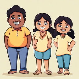 A lively cartoon of three Indian friends. Two equal height boys, one thin with dark skin and one chubby with light brown skin, along with a short light-skinned girl signifying harmony and friendship.