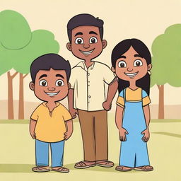 A lively cartoon of three Indian friends. Two equal height boys, one thin with dark skin and one chubby with light brown skin, along with a short light-skinned girl signifying harmony and friendship.