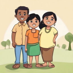 A lively cartoon of three Indian friends. Two equal height boys, one thin with dark skin and one chubby with light brown skin, along with a short light-skinned girl signifying harmony and friendship.