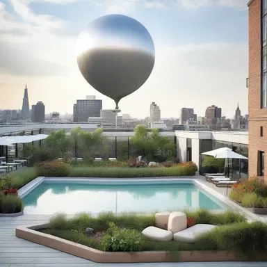 The rooftop garden of the modern hotel was adorned with a barrage balloon, giving the space a futuristic and unique aesthetic.