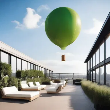 The rooftop garden of the modern hotel was adorned with a barrage balloon, giving the space a futuristic and unique aesthetic.