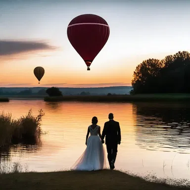 As the sun set, the couple walked hand in hand, mesmerized by the sight of the barrage balloon floating gracefully against the colorful evening sky.