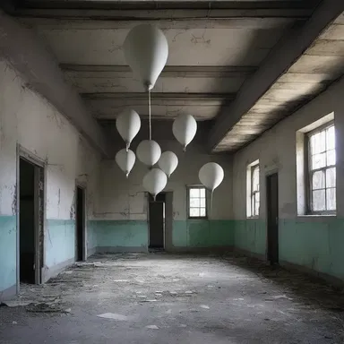 The eerie abandoned asylum was decorated with twisted metal structures resembling barrage balloons, evoking a sense of fear and foreboding.